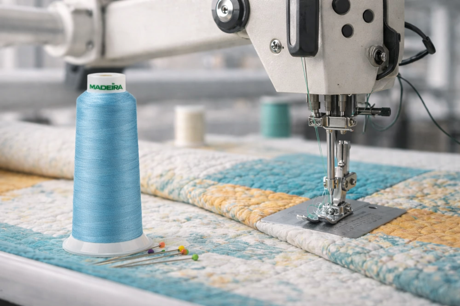 Longarm quilting machine stitching a multicolored quilt with a Madeira AeroQuilt thread cone in light blue positioned beside the work area.