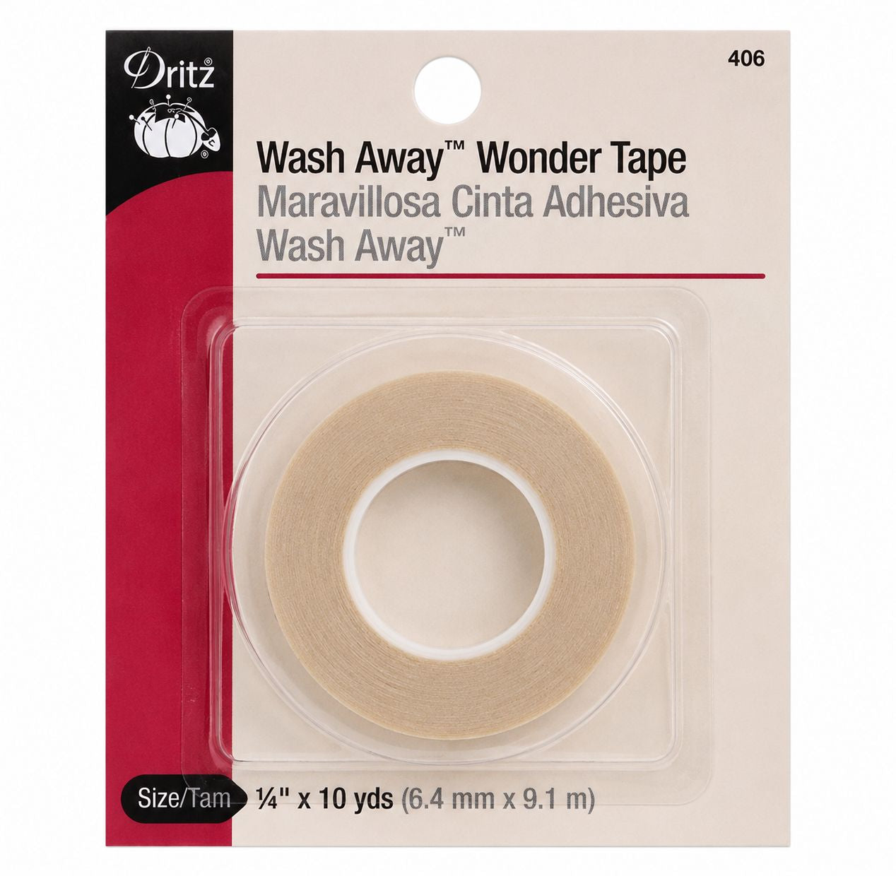 Dritz® Wash Away™ Wonder Tape, double-sided transparent sewing tape that washes away after laundering, ideal for hems, seams, appliqués, patches, and embroidery projects.