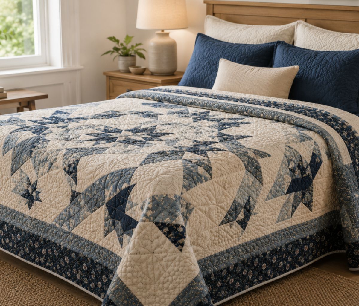 AeroQuilt quilted bedspread with blue and cream star patterns shown in a bedroom, highlighting detailed quilting texture and finished quilt design.