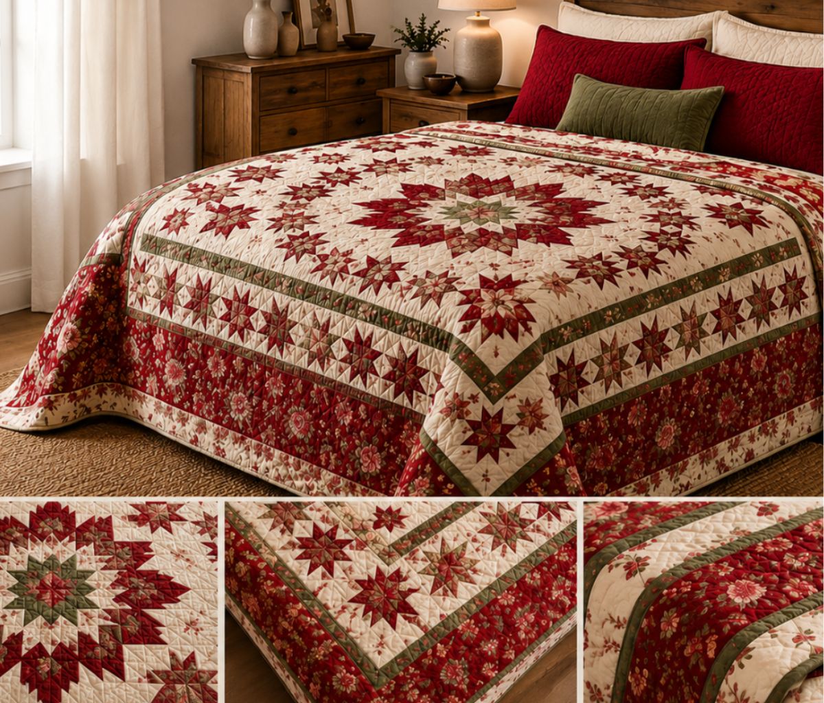 AeroQuilt red and cream quilted bedspread with star patterns and floral borders shown in a bedroom with detailed close-up views of the stitching and quilt design.