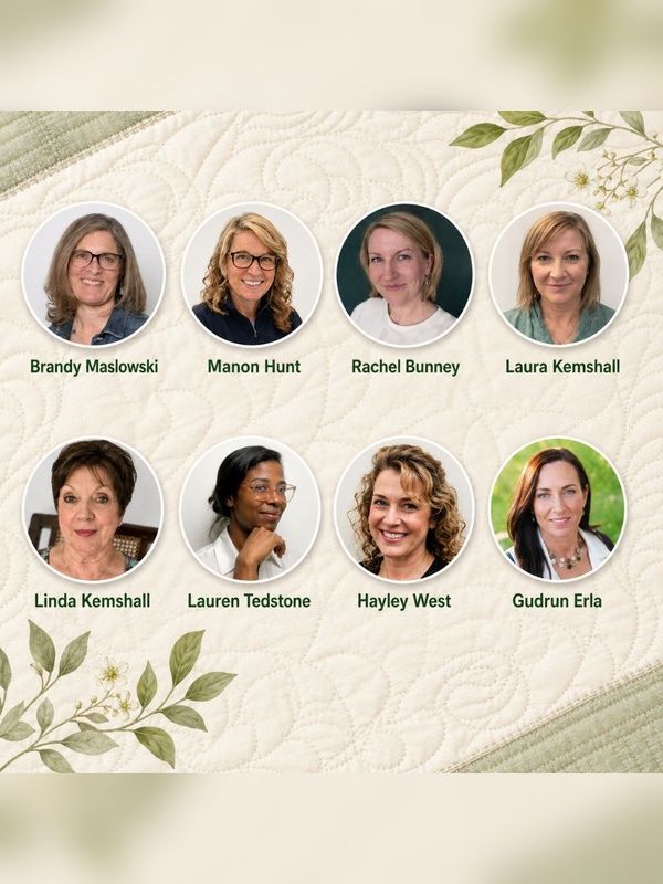 Madeira thread ambassadors shown in circular portraits on a quilted background, including Brandy Maslowski, Manon Hunt, Rachel Bunney, Laura Kemshall, Linda Kemshall, Lauren Tedstone, Hayley West, and Gudrun Erla.