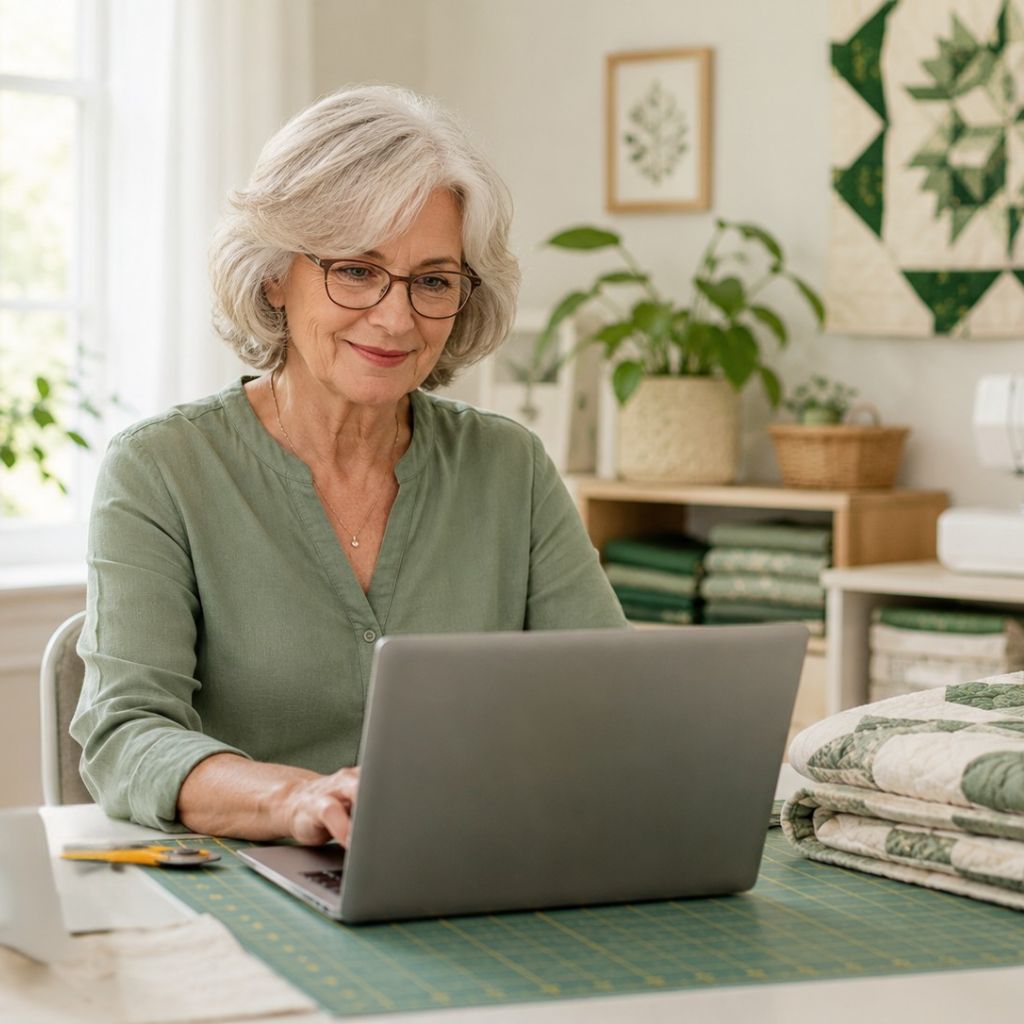Older woman quilting at a craft table, using a rotary cutter and ruler beside a laptop, with folded quilts, colorful thread spools, and a sewing machine in a cozy quilt studio.