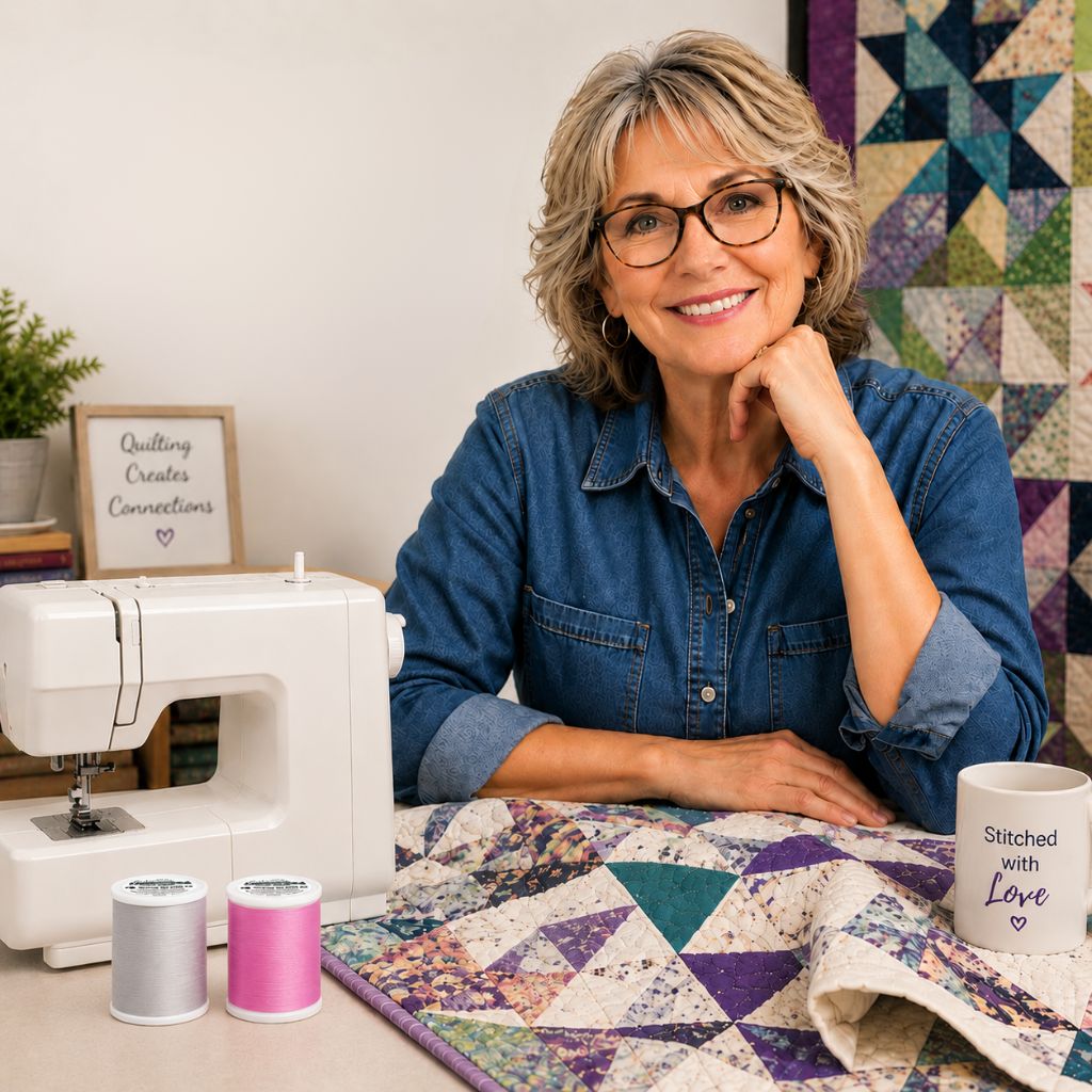 Smiling older woman in a quilting studio beside a sewing machine and colorful quilt, with realistic thread spools on the table and welcoming “We’re Here to Help” text for the Madeira Quilting Thread contact page.