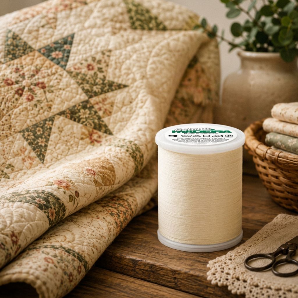 Cream Madeira Cotona cotton quilting thread spool displayed beside a floral patchwork quilt and vintage sewing scissors.