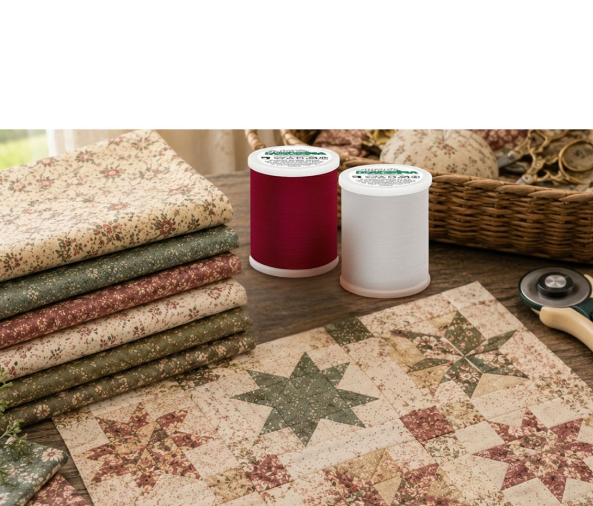 Madeira Cotona cotton quilting thread spools in gray and white, shown with sewing tools and fabric for quilting and sewing projects.