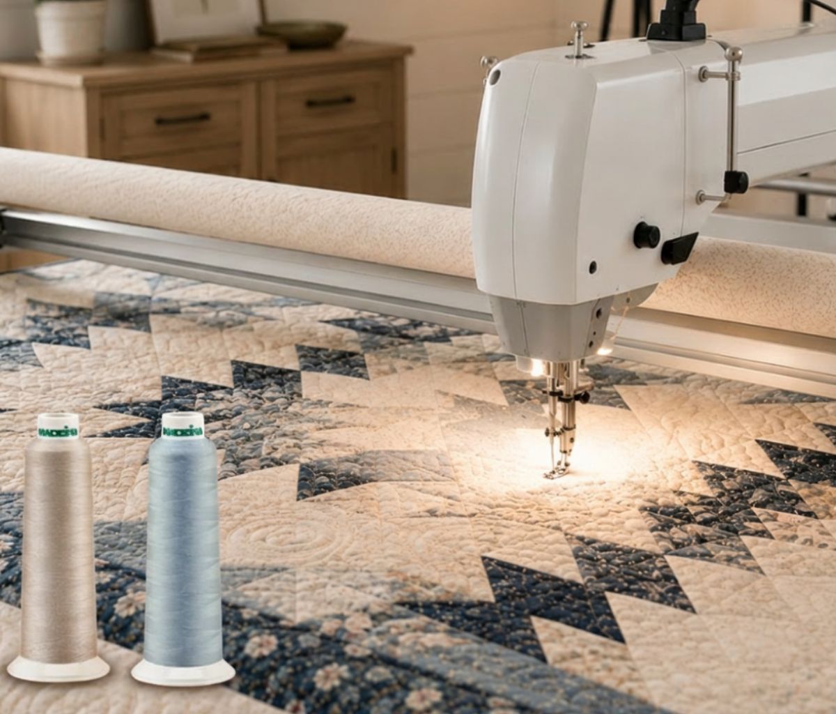AeroQuilt quilting thread cones shown next to a longarm quilting machine stitching a blue and cream star-pattern quilt with detailed quilting texture.