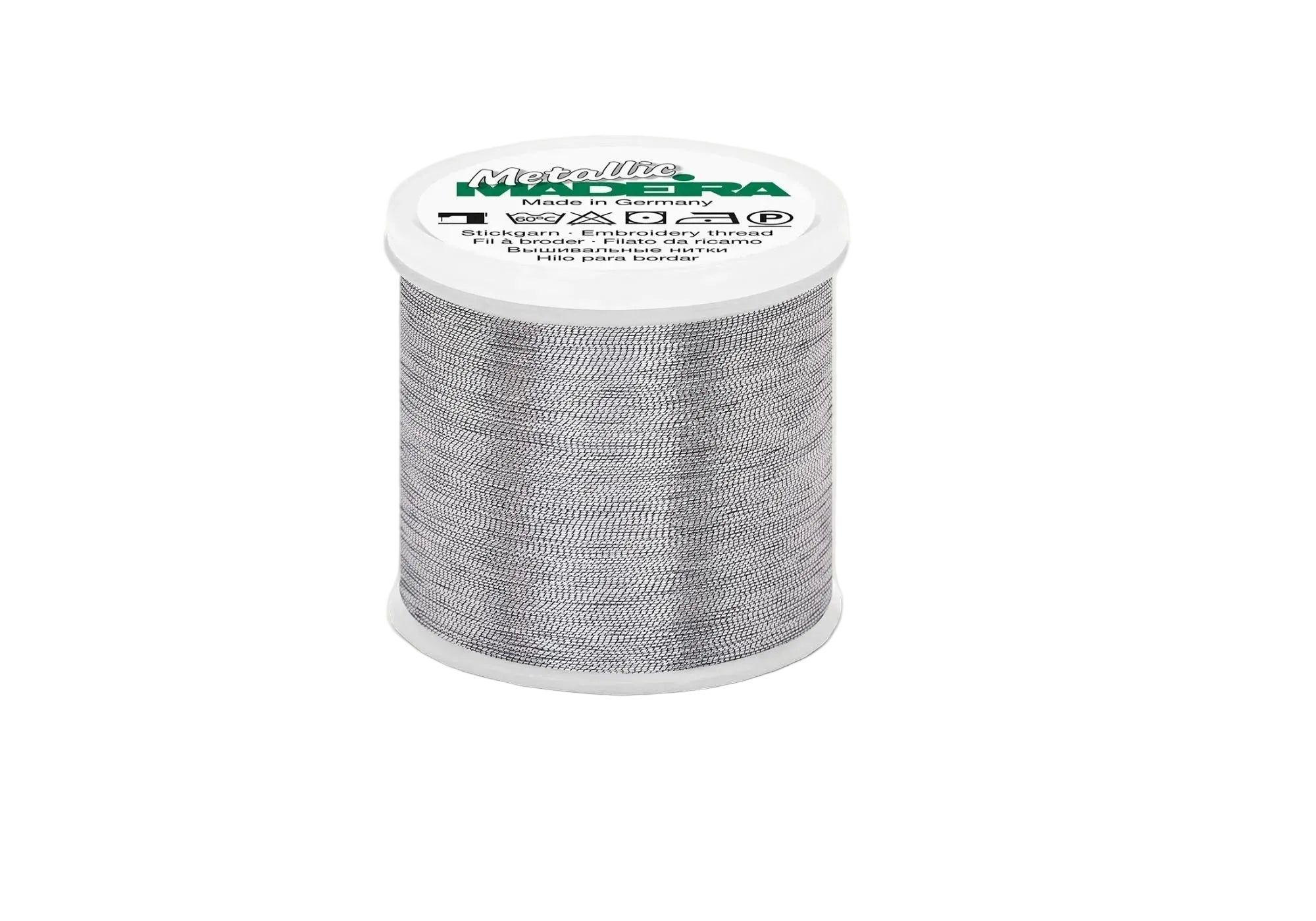 Madeira Metallic silver embroidery thread cone with high-shine metallic finish for machine embroidery, decorative stitching, monograms, and specialty embroidery designs.