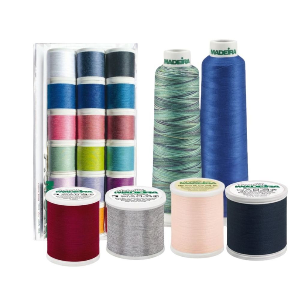 Madeira quilting thread collection with cotton, polyester, variegated, and metallic thread spools for sewing and quilting projects.