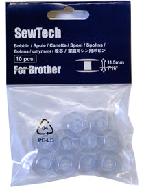 Class 15 clear plastic empty bobbin spools, 10-pack, compatible with many home sewing and embroidery machines for winding and organizing bobbin thread.