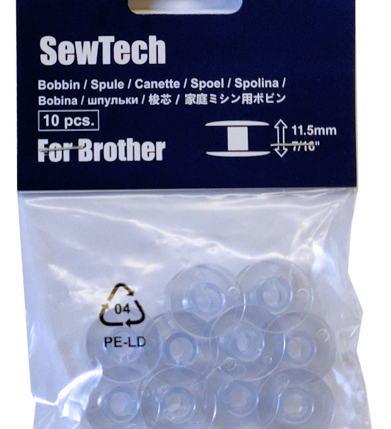 Class 15 clear plastic empty bobbin spools, 10-pack, compatible with many home sewing and embroidery machines for winding and organizing bobbin thread.