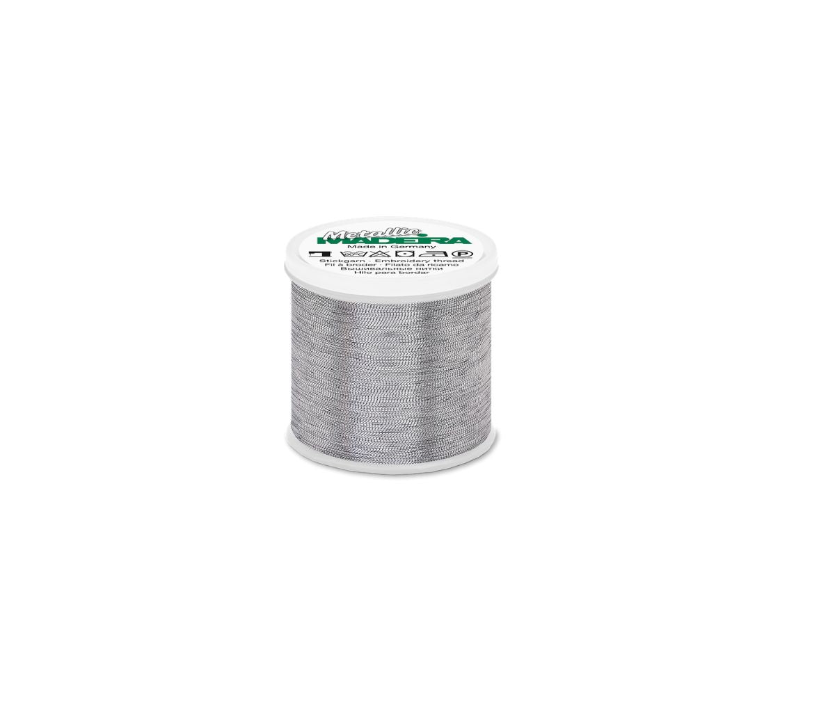 Silver metallic quilting thread by Madeira, ideal for decorative stitching, machine quilting, heirloom quilts, and sewing embellishments.