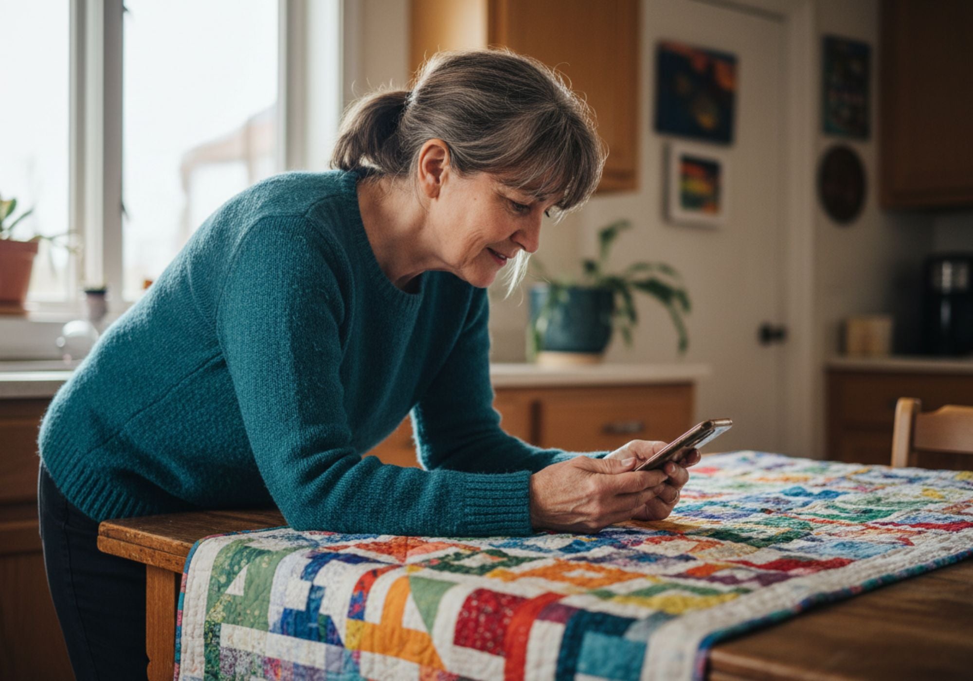 Person using a smartphone over a colorful patchwork quilt, representing digital quilting tips and inspiration.