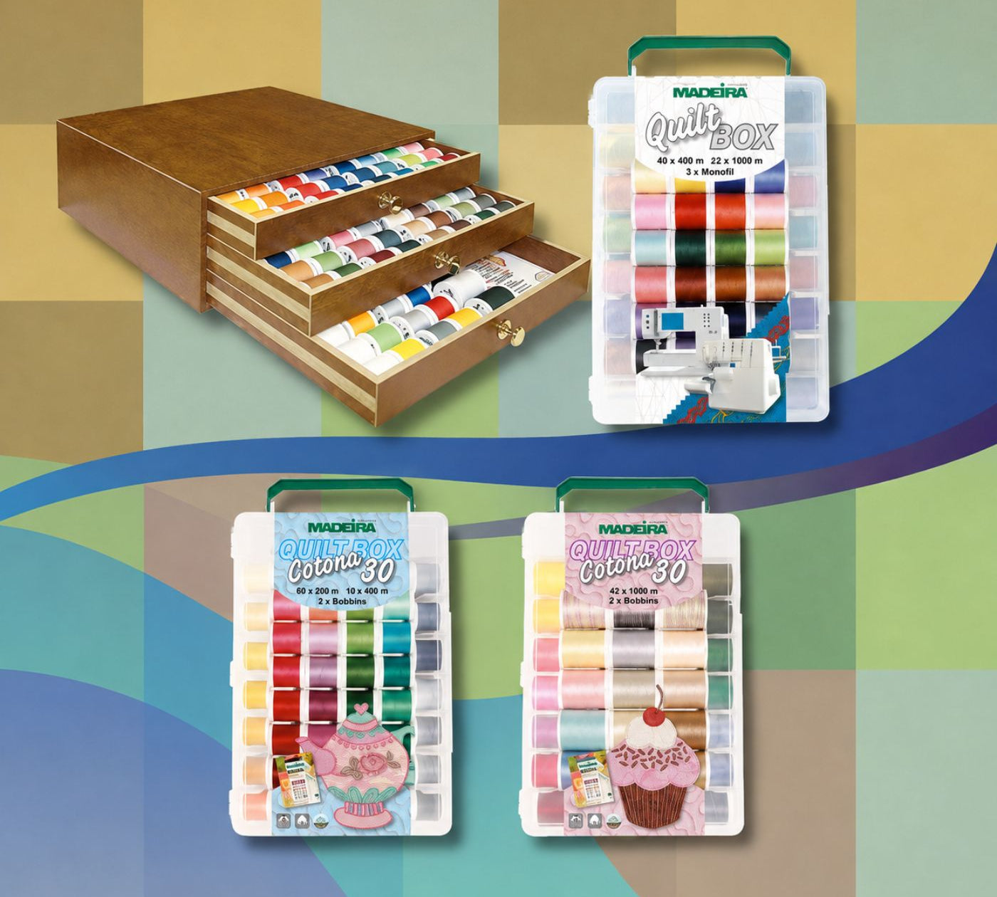 Madeira QuiltBox thread sets and a wooden thread storage chest arranged on a colorful patchwork-style background, showcasing a variety of quilting thread colors.