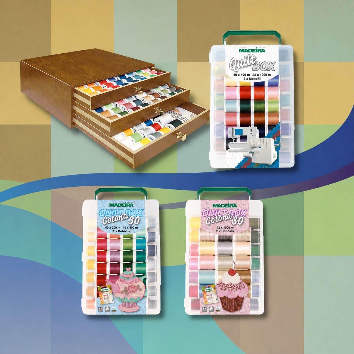 Madeira QuiltBox thread sets and a wooden thread storage chest arranged on a colorful patchwork-style background, showcasing a variety of quilting thread colors.