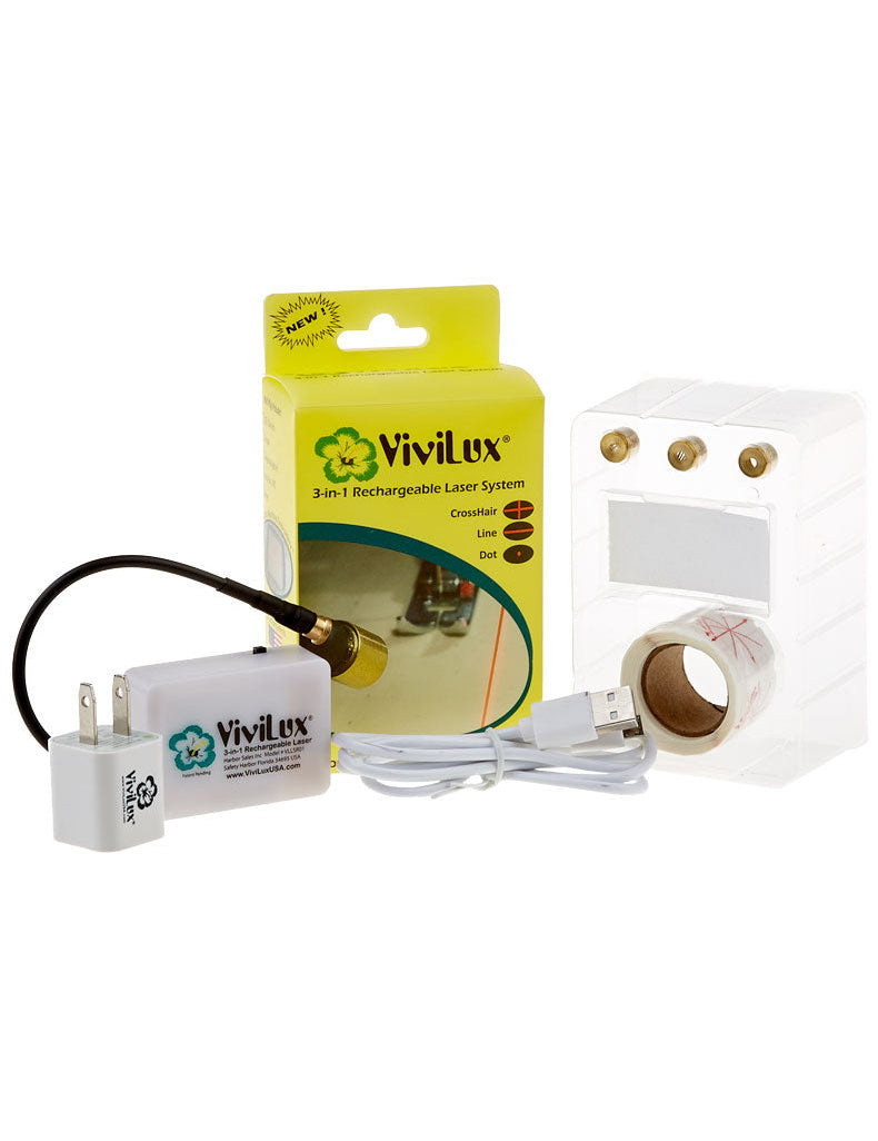 The image shows a ViviLux 3-in-1 rechargeable red laser system, including the laser device itself, a rechargeable battery pack, a power adapter, and packaging with branding and product information.