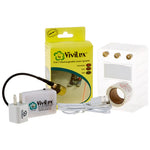 The image shows a ViviLux 3-in-1 rechargeable red laser system, including the laser device itself, a rechargeable battery pack, a power adapter, and packaging with branding and product information.