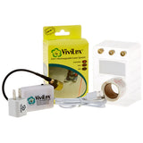 The image shows a ViviLux 3-in-1 rechargeable red laser system, including the laser device itself, a rechargeable battery pack, a power adapter, and packaging with branding and product information.