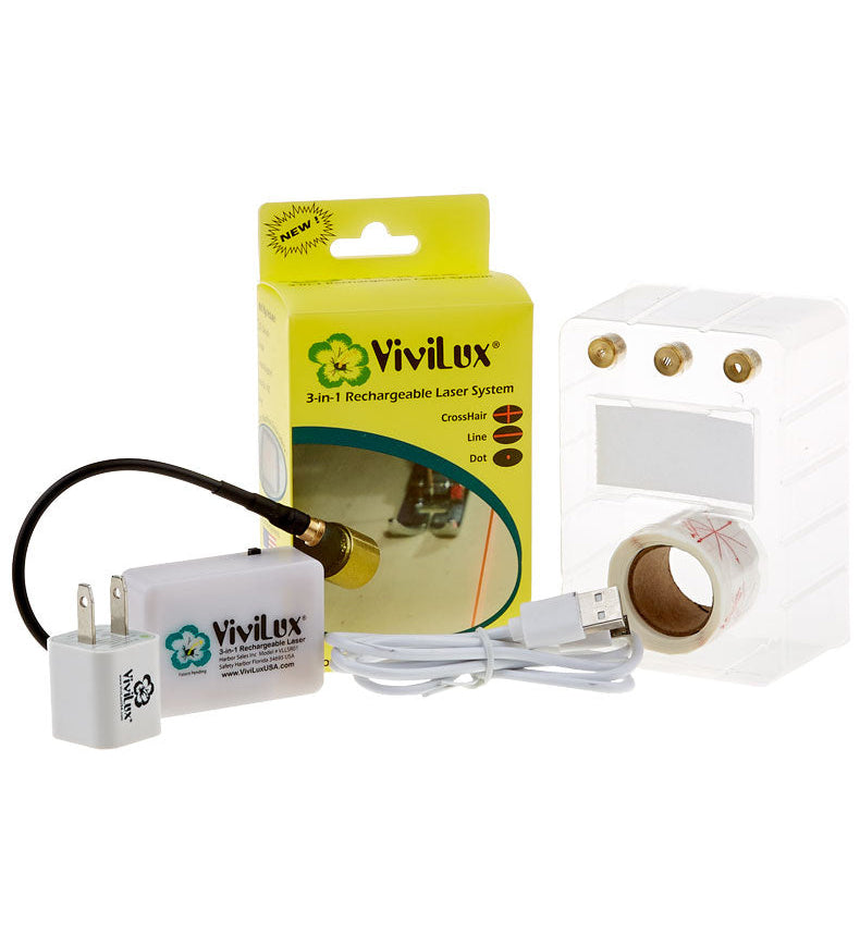 The image shows a ViviLux 3-in-1 rechargeable red laser system, including the laser device itself, a rechargeable battery pack, a power adapter, and packaging with branding and product information.