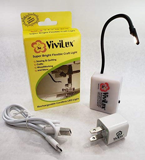 ViviLux Super Bright Flexible Craft/Machine Light with packaging, showing the light, its flexible neck, and an AC power adapter.