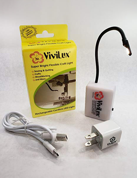 ViviLux Super Bright Flexible Craft/Machine Light with packaging, showing the light, its flexible neck, and an AC power adapter.